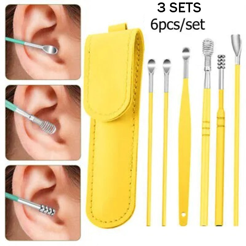 3-Pack Stainless Steel Ear Cleaning Kit – 6-Piece Portable Ear Wax Remover Set with PU Leather Case