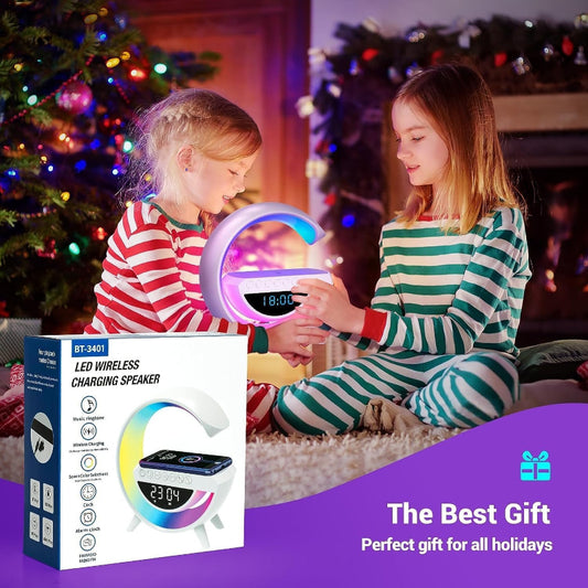 BT-3401 LED Display Wireless Charger & Bluetooth Speaker – 7 Color Lights, Alarm Clock & FM Radio