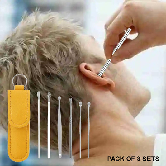 3-Pack Stainless Steel Ear Cleaning Kit – 6-Piece Portable Ear Wax Remover Set with PU Leather Case