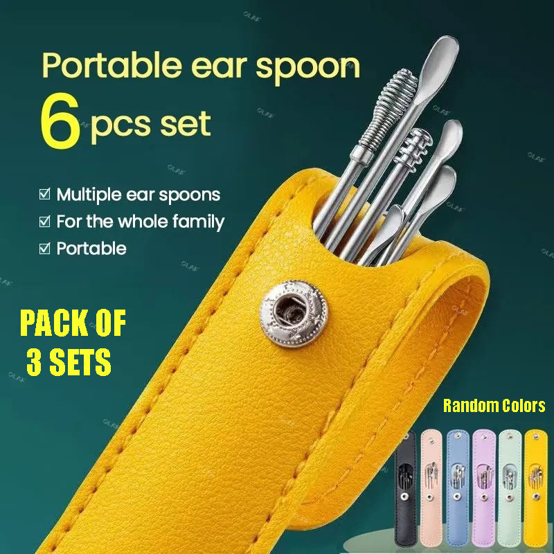 3-Pack Stainless Steel Ear Cleaning Kit – 6-Piece Portable Ear Wax Remover Set with PU Leather Case
