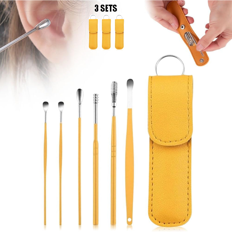 3-Pack Stainless Steel Ear Cleaning Kit – 6-Piece Portable Ear Wax Remover Set with PU Leather Case