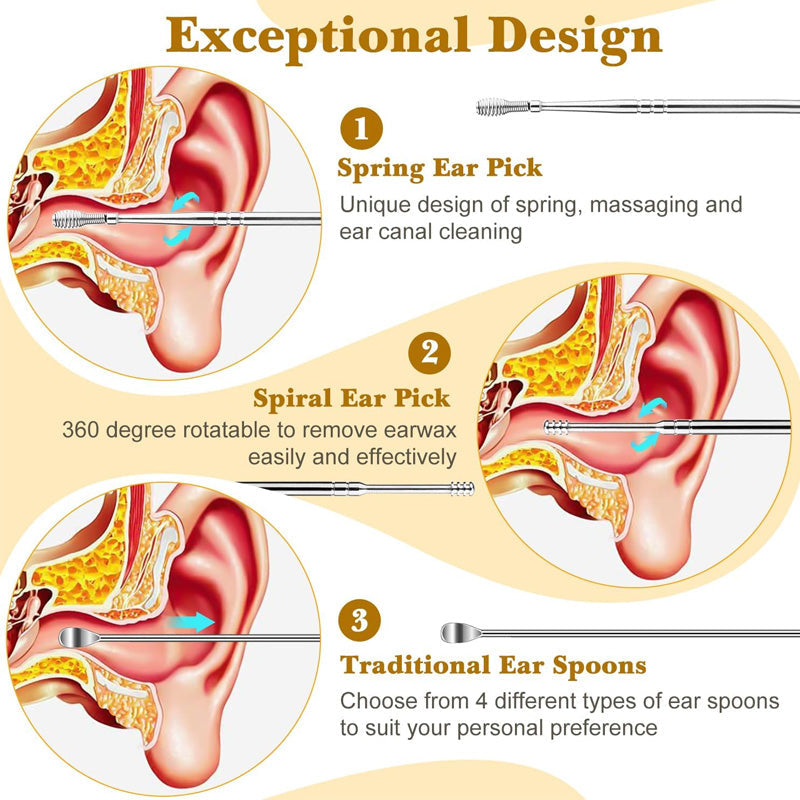 3-Pack Stainless Steel Ear Cleaning Kit – 6-Piece Portable Ear Wax Remover Set with PU Leather Case