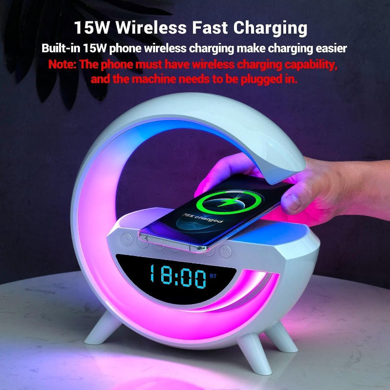 BT-3401 LED Display Wireless Charger & Bluetooth Speaker – 7 Color Lights, Alarm Clock & FM Radio