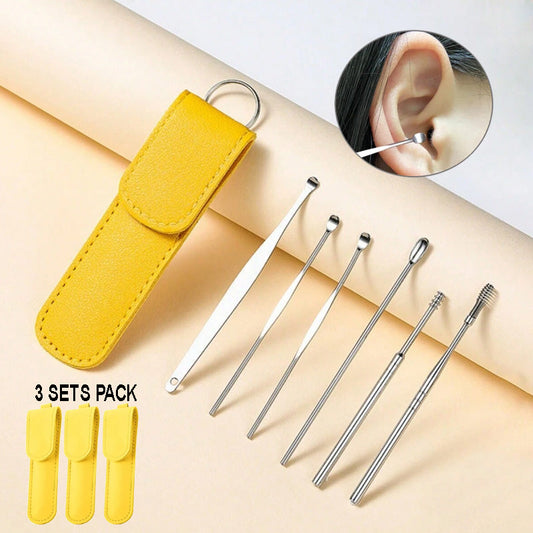 3-Pack Stainless Steel Ear Cleaning Kit – 6-Piece Portable Ear Wax Remover Set with PU Leather Case