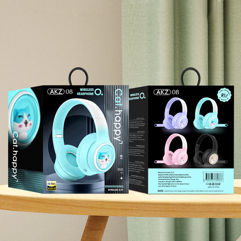 AKZ-08 Cartoon Design Bluetooth 5.3 Wireless Headphones – Hi-Res Audio, Long Battery, Built-in Mic