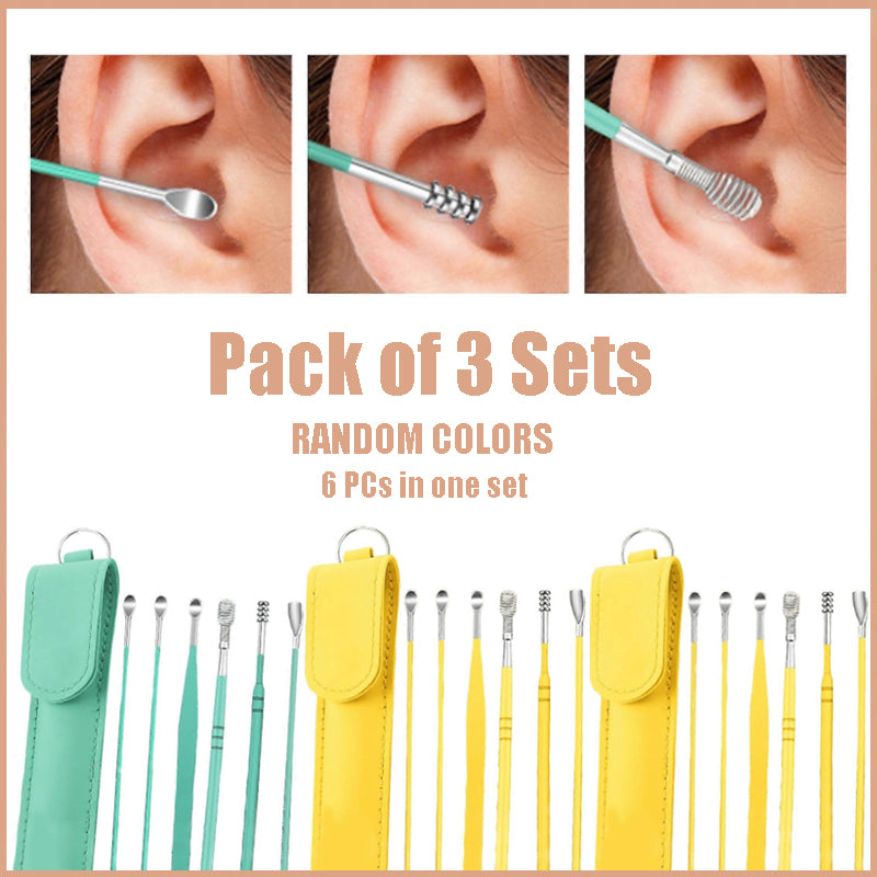 3-Pack Stainless Steel Ear Cleaning Kit – 6-Piece Portable Ear Wax Remover Set with PU Leather Case