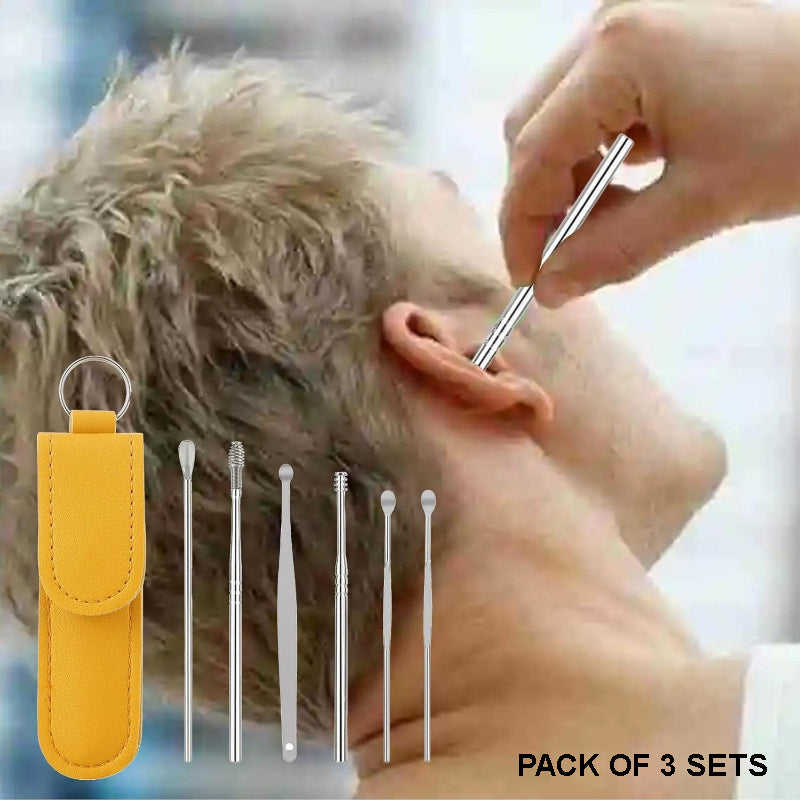 3-Pack Stainless Steel Ear Cleaning Kit – 6-Piece Portable Ear Wax Remover Set with PU Leather Case
